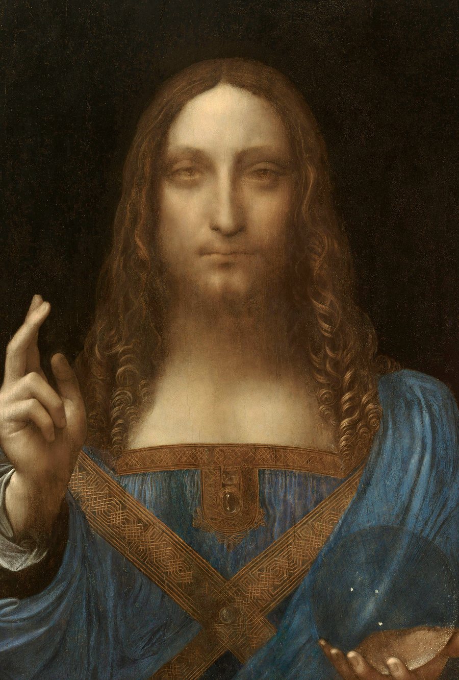 Salvator Mundi: Christ raises his right hand in blessing and holds a crystal orb.